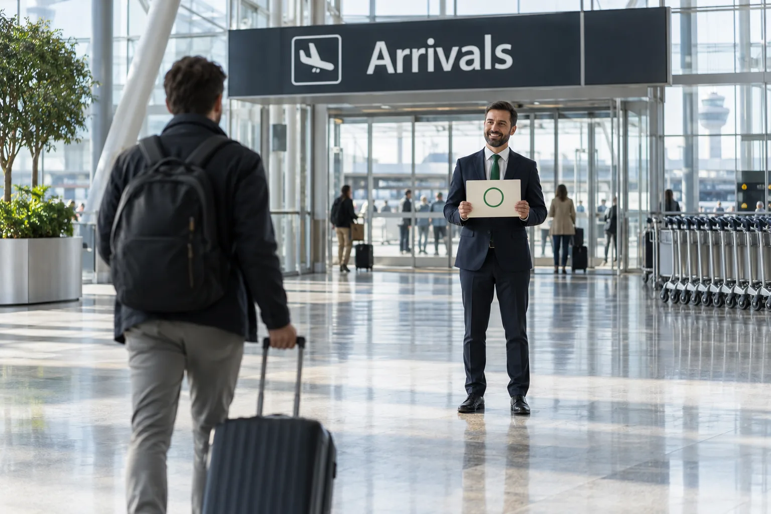 Illustrative airport pickup: a driver holding a welcome board as a traveler approaches with luggage