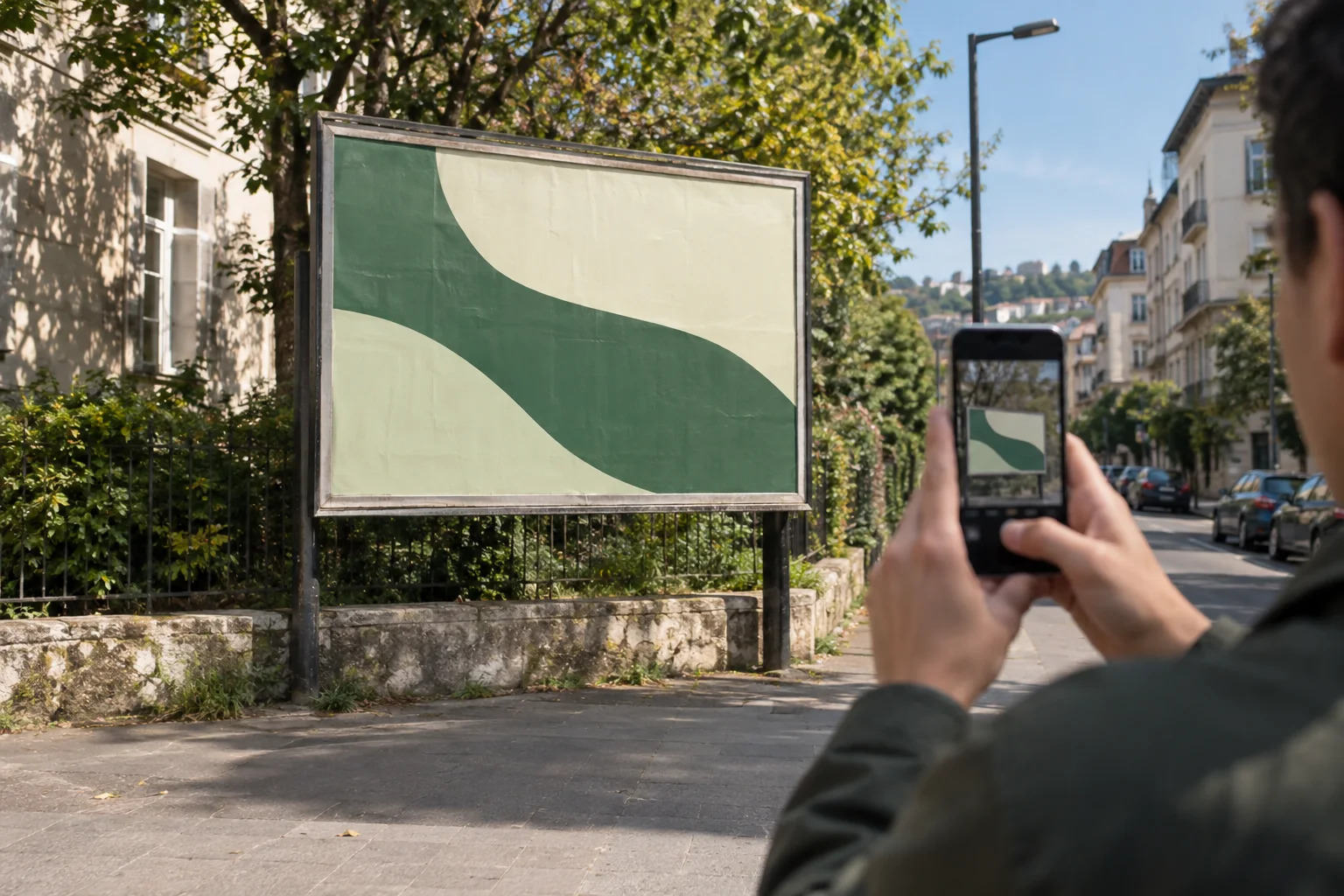 Illustrative example of a field checker photographing a roadside billboard