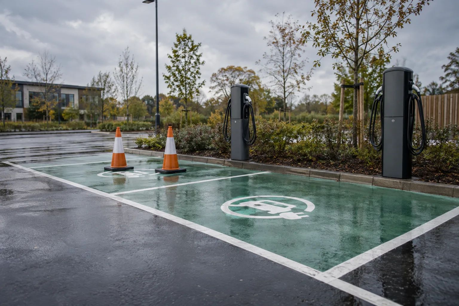 Illustrative example of two EV charging bays, one clear and one blocked by orange cones