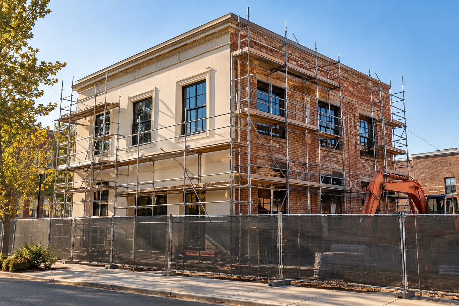 Illustrative example of a partly renovated brick building photographed from outside the site fence