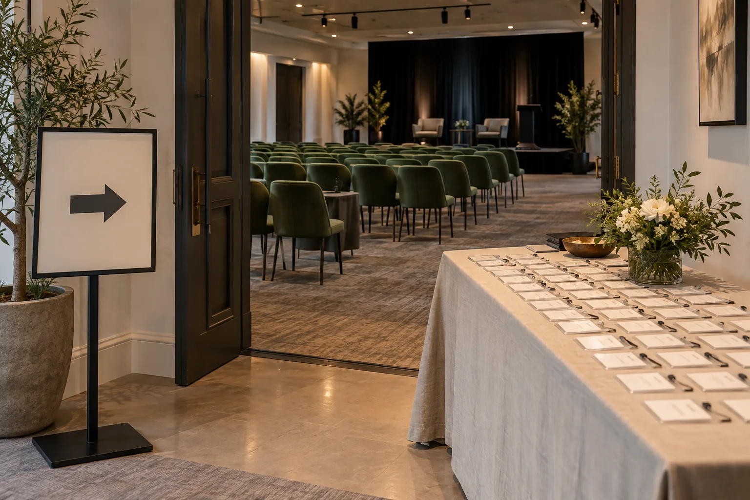 Illustrative room preparation: a registration table, directional sign and rows of chairs in an event venue