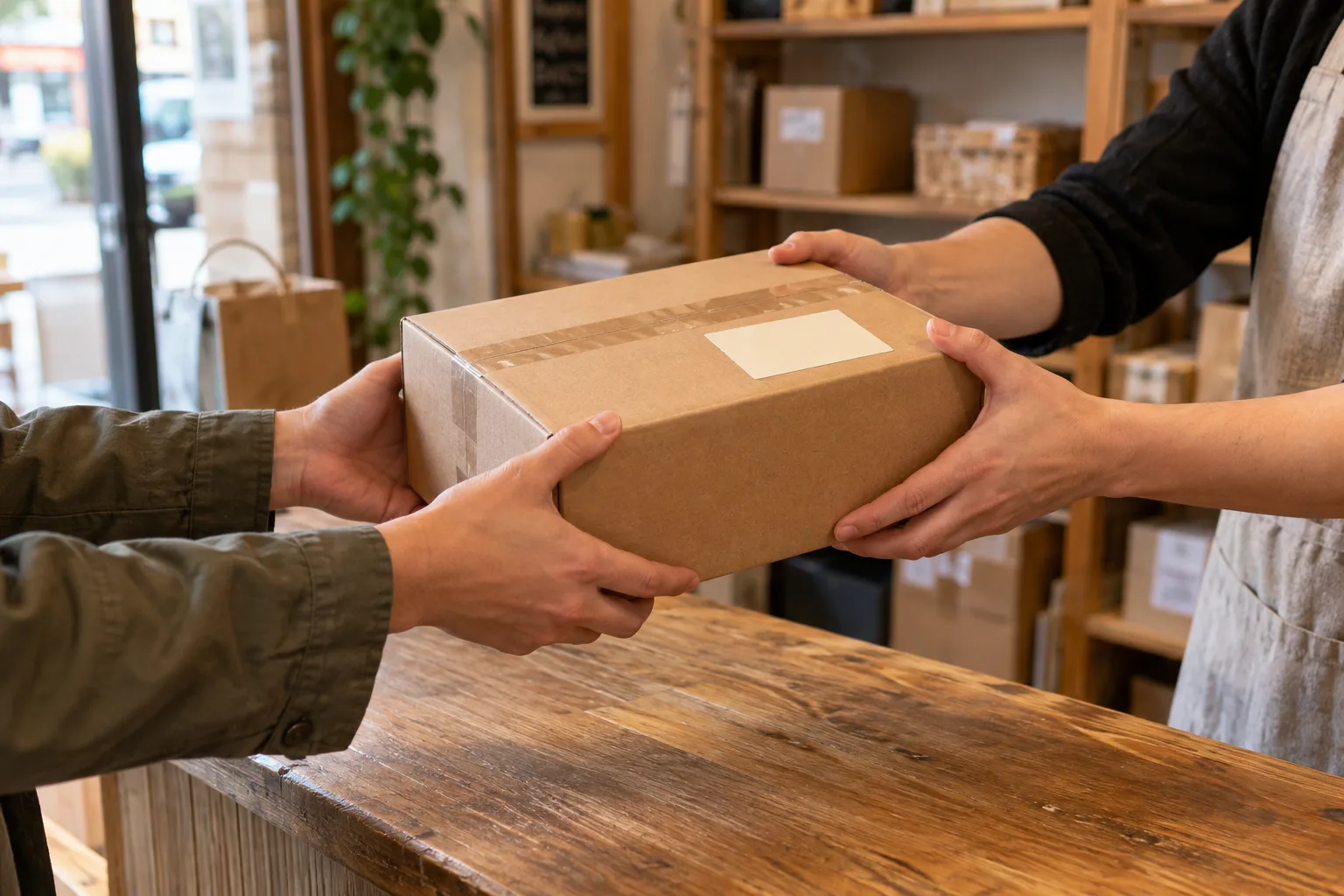 Illustrative parcel collection: a sealed cardboard package being handed over at a collection counter