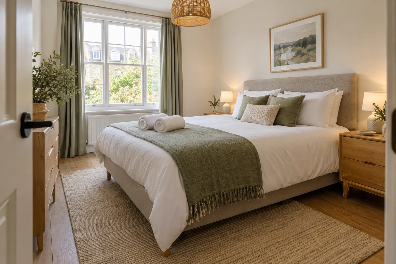 Illustrative guest preparation: an apartment bedroom with a made bed and two rolled towels