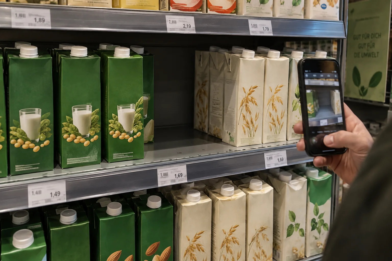 Illustrative example of a store shelf with a product gap and a phone photographing price labels