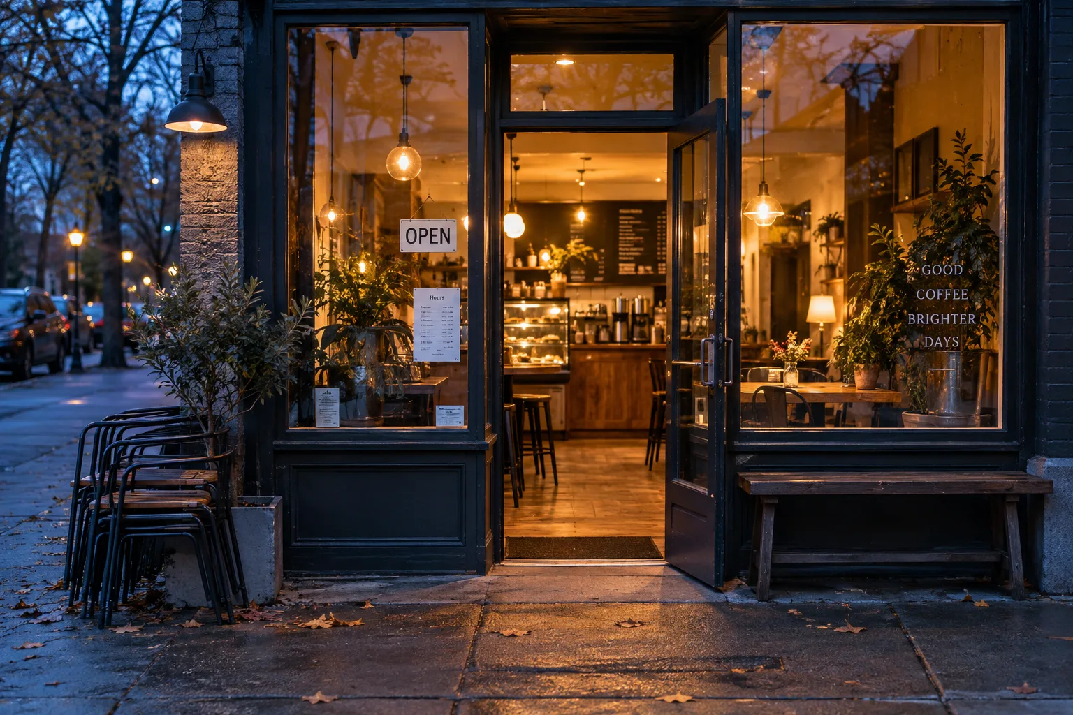 Illustrative example of a warmly lit coffee shop with an open entrance and posted opening hours at dusk